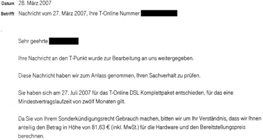 Ein Schreiben der T-Com, das besagt, dass man sich in vier Monaten für ein DSL Komplettpaket entschieden hat. Scan: Schreiben der T-Com.